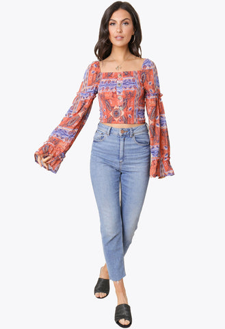 Multi Long Sleeve Square Neck Paisley Print Shirred Top