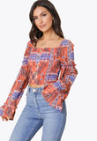 Multi Long Sleeve Square Neck Paisley Print Shirred Top