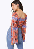 Multi Long Sleeve Square Neck Paisley Print Shirred Top