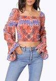 Multi Long Sleeve Square Neck Paisley Print Shirred Top