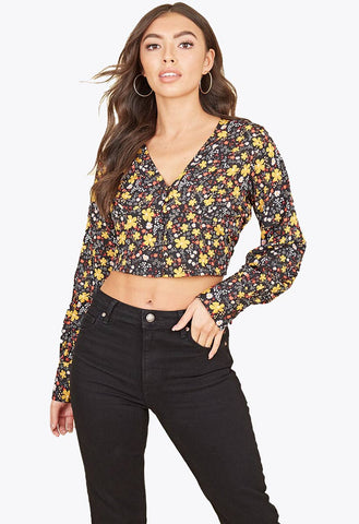 Black Mustard Floral Long Sleeve Button Through Top