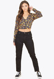 Black Mustard Floral Long Sleeve Button Through Top