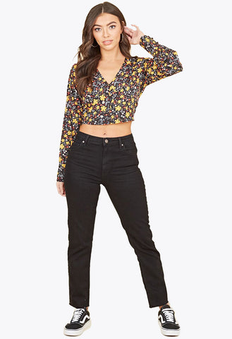 Black Mustard Floral Long Sleeve Button Through Top