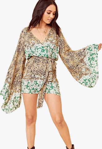 Green Border Print Kimono Sleeve Playsuit