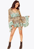 Green Border Print Kimono Sleeve Playsuit