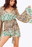 Green Border Print Kimono Sleeve Playsuit