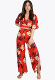 Red Floral Print Side Split Trousers