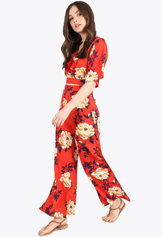 Red Floral Print Side Split Trousers