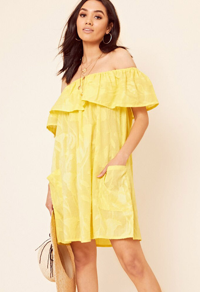 Yellow Textured Cotton Bardot Frill Layered Mini Dress DressMeChic Fashion Yellow Textured Cotton Bardot Frill Layered Mini Dress DressMeChic Fashion