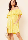 Yellow Textured Cotton Bardot Frill Layered Mini Dress