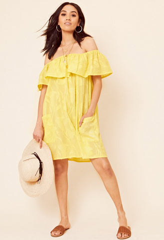 Yellow Textured Cotton Bardot Frill Layered Mini Dress