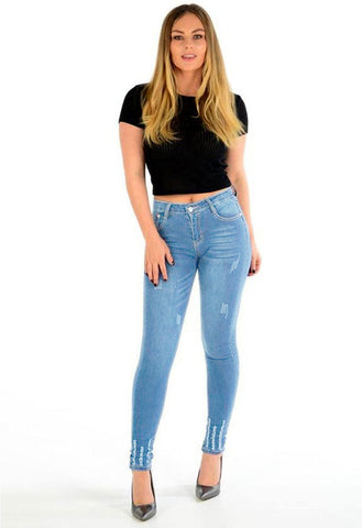 Light Blue High Waist Ankle Stitched Faded Distressed Denim Jeans