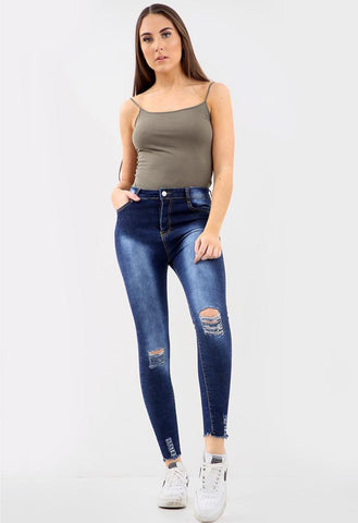 Blue Denim High Waist Distressed Ripped Skinny Fit Jeans