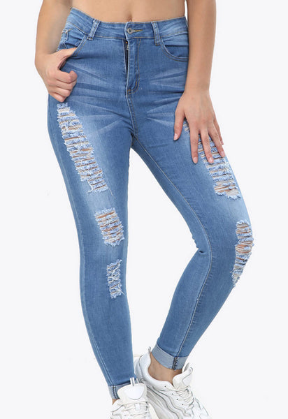 Blue Denim High Waist Distress Denim Skinny Jeans