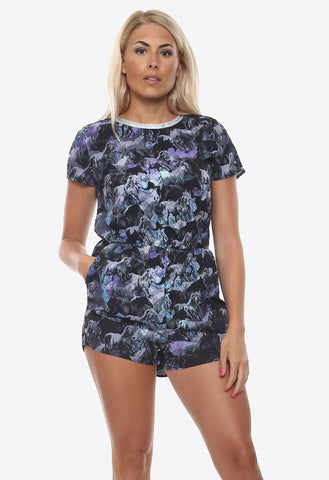 Blue Horse Print Diamante Playsuit