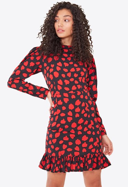 Black Red Heart Print Ruffle Frill Hem Mini Dress