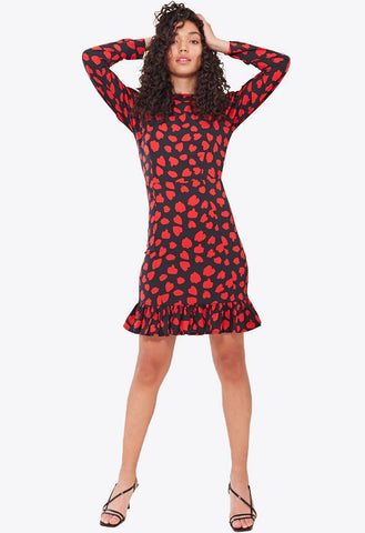 Black Red Heart Print Ruffle Frill Hem Mini Dress