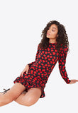 Black Red Heart Print Ruffle Frill Hem Mini Dress