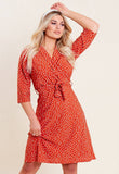 Rust Spot Print Collar Wrap Belted Mini Dress