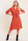 Rust Spot Print Collar Wrap Belted Mini Dress