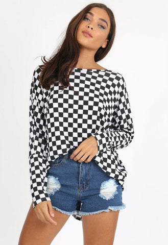 Black White Check Jersey Oversized Long Sleeve Dip Hem Batwing Top