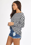 Black White Check Jersey Oversized Long Sleeve Dip Hem Batwing Top