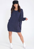 Navy Polka Jersey Oversized Long Sleeve Dip Hem Batwing Top