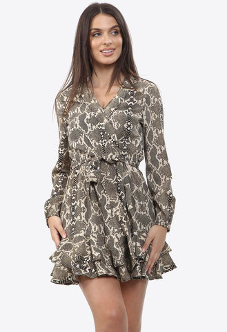 Beige Snake Print Wrap Dress With Ruffle Hem and Self Fabric Belt