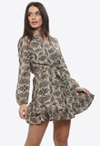 Beige Snake Print Wrap Dress With Ruffle Hem and Self Fabric Belt