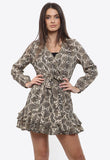 Beige Snake Print Wrap Dress With Ruffle Hem and Self Fabric Belt