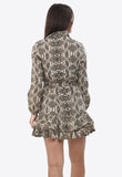 Beige Snake Print Wrap Dress With Ruffle Hem and Self Fabric Belt