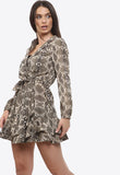 Beige Snake Print Wrap Dress With Ruffle Hem and Self Fabric Belt