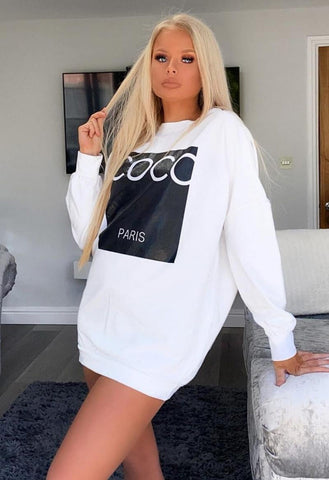 White Coco Print Oversized Sweatshirt