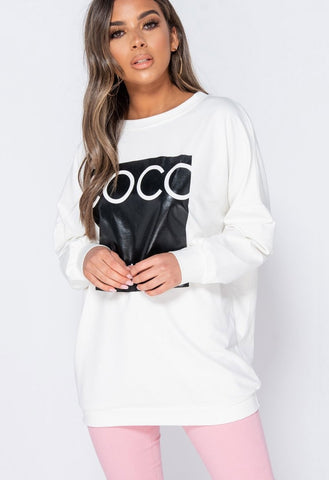 White Coco Print Oversized Sweatshirt