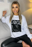 White Coco Print Oversized Sweatshirt