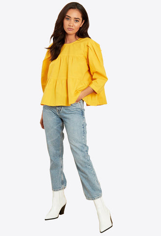 Yellow Cotton Lace Up Back Tiered Top