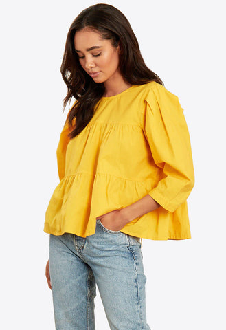 Yellow Cotton Lace Up Back Tiered Top