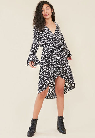 Black Ditsy Floral Print Flared Sleeve Wrap Midi Dress