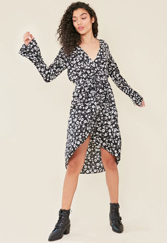 Black Ditsy Floral Print Flared Sleeve Wrap Midi Dress