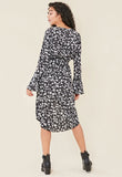 Black Ditsy Floral Print Flared Sleeve Wrap Midi Dress