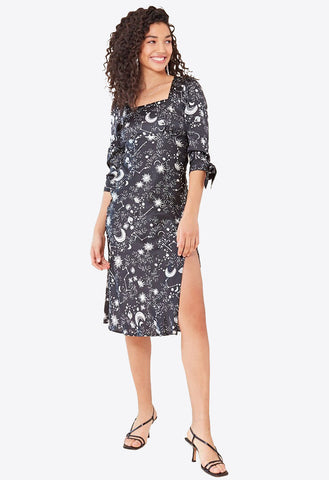 Black Satin Galaxy Print Square Neck Midi Dress