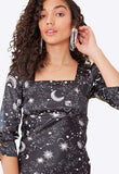 Black Satin Galaxy Print Square Neck Midi Dress