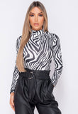 Black White Zebra Print High Neck Bodysuit