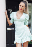 Mint Polka Dot Frill Hem Puff Sleeve V Neck Mini Dress