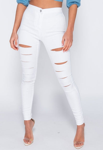 White Multi Slash High Waisted Jeggings