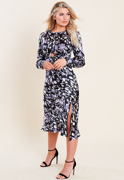 Black Satin Animal Print Tie Front Detail Bias Cut Midi Dress