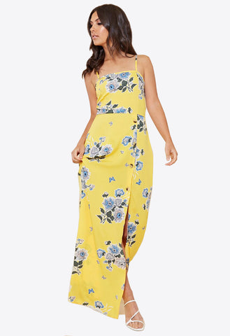 Yellow Floral Mock Horn Button Detail Strappy Cami Maxi Dress