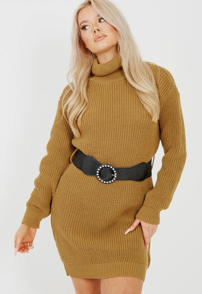 Mustard Roll Neck Belted Knitted Jumper Dress