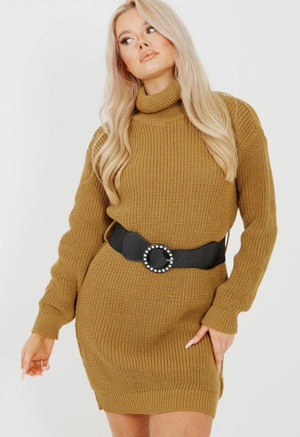 Mustard Roll Neck Belted Knitted Jumper Dress