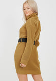 Mustard Roll Neck Belted Knitted Jumper Dress